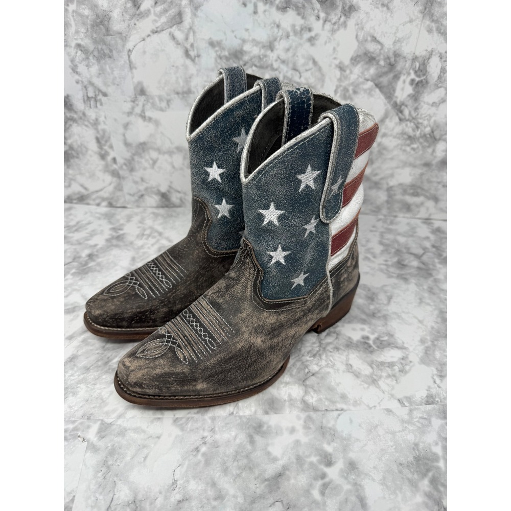 Roper Womens American Flag Cowboy Boots Brown Distressed Leather Stars Stripes 7